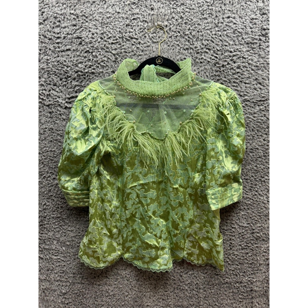 NWT Le Fame Shanghai Beaded Mesh High Neck Cropped Top Green Womens‎ Size M